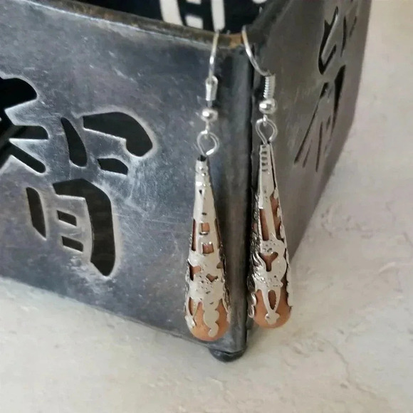 Handcrafted Victorian Style Brown Wood Silver Filigree Teardrop Earrings - Picture 5 of 7